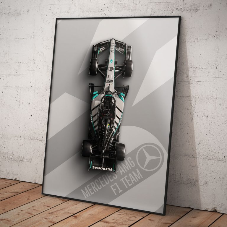 Minimalistický poster Mercedes Formula 1 s kvalitným pololesklým papierom a voliteľným rámovaním.