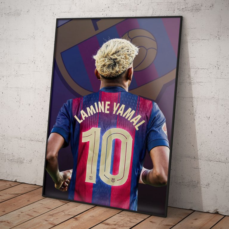 Lamine Yamal s pozadím FC Barcelona - plagát na kvalitnom papieri s voliteľným rámovaním