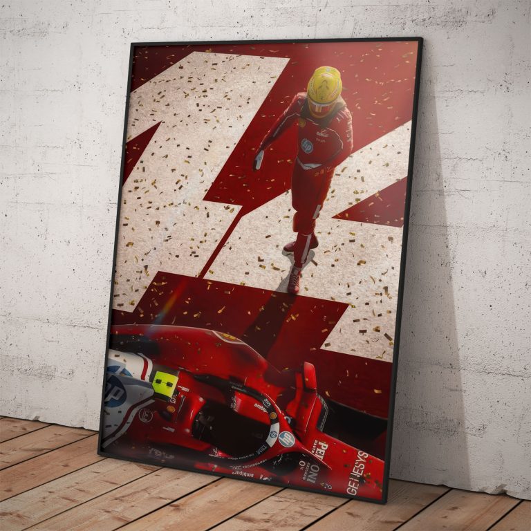 Plagát Lewisa Hamiltona v červenej kombinéze Ferrari na kvalitnom pololesklom papieri
