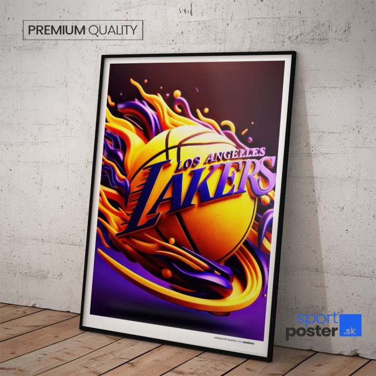 Plagát Los Angeles Lakers s umeleckým logom na kvalitnom papieri s perleťovým efektom.