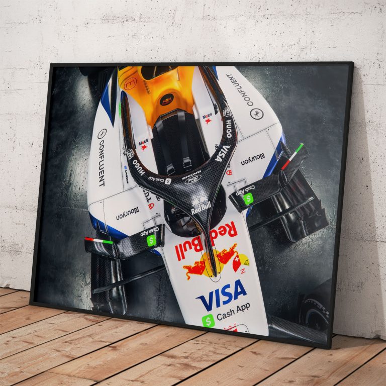 Racing Bulls 2026 F1 poster s perleťovým efektom a voliteľným rámovaním.