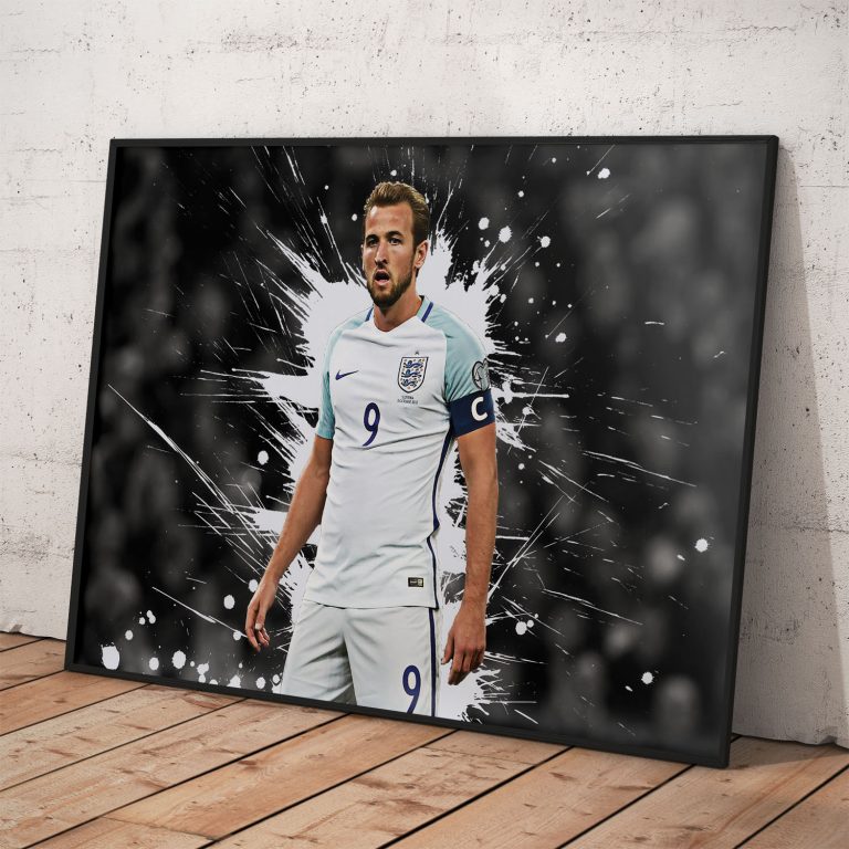 Harry Kane v bielom drese - štýlový plagát pre futbalových nadšencov.
