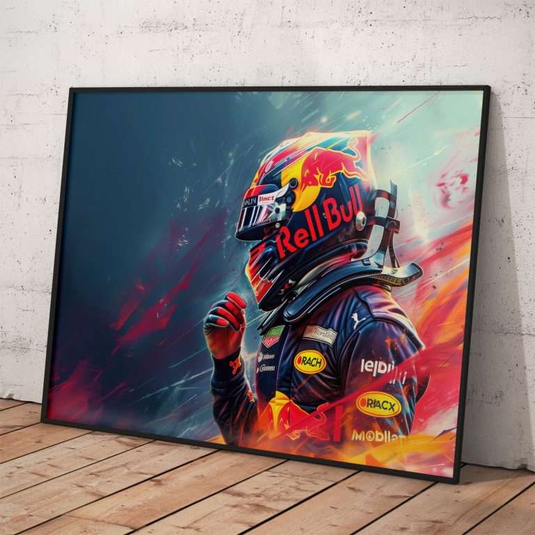 Umelecký poster Max Verstappen na kvalitnom pololesklom papieri v rôznych rozmeroch.