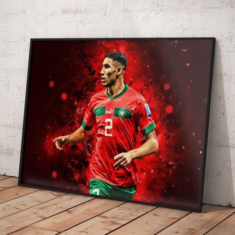 Poster Ašrafa Hakimího v repre drese Maroka s kvalitnou tlačou a voliteľným rámom.