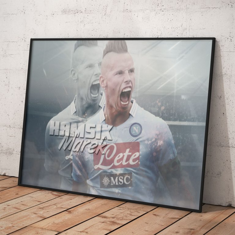 Plagát Mareka Hamšíka v bielom drese SSC Neapol pre fanúšika futbalu.