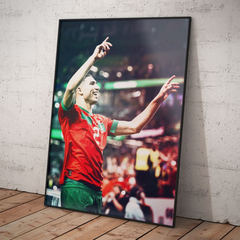 Poster Ašrafa Hakimího v reprezentačnom drese Maroka s kvalitnou tlačou a voliteľným rámom.