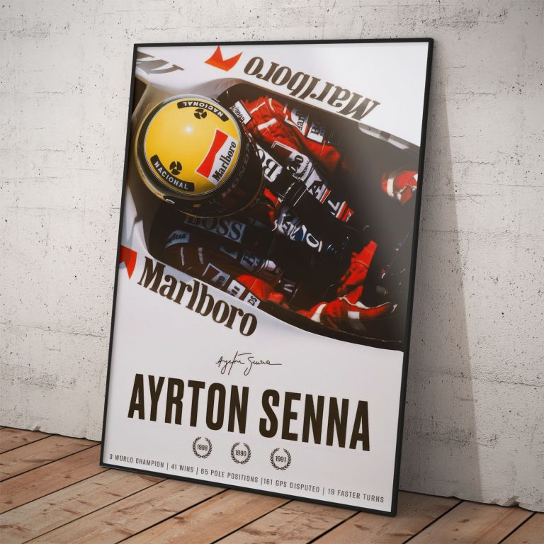 Pamätný plagát Ayrton Senna v monoposte McLaren na kvalitnom pololesklom papieri.