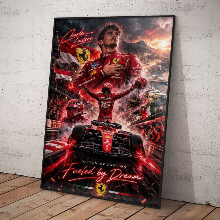 Poster Charles Leclerc vo Ferrari 2026, kvalitný pololesklý papier.