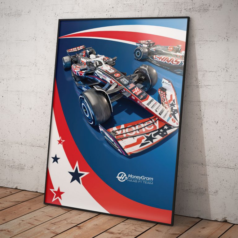 Plagát Haas F1 Team pre veľkú cenu USA s kvalitným pololesklým papierom a voliteľným hliníkovým rámom.