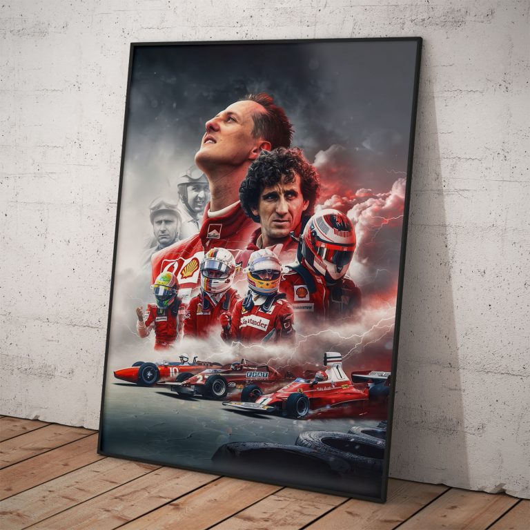 Plagát Ferrari F1 jazdcov: Schumacher, Prost, Hamilton, Leclerc na kvalitnom perleťovom papieri s pevnými rámami.