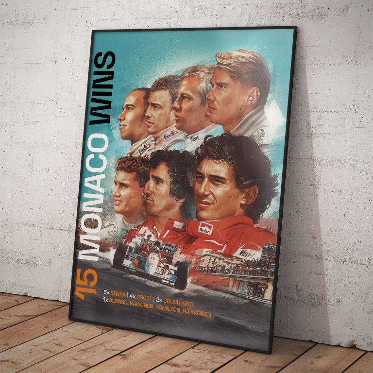Plagát Legendy F1, oslavujúci 15 víťazstiev McLaren na Veľkej cene Monaka.