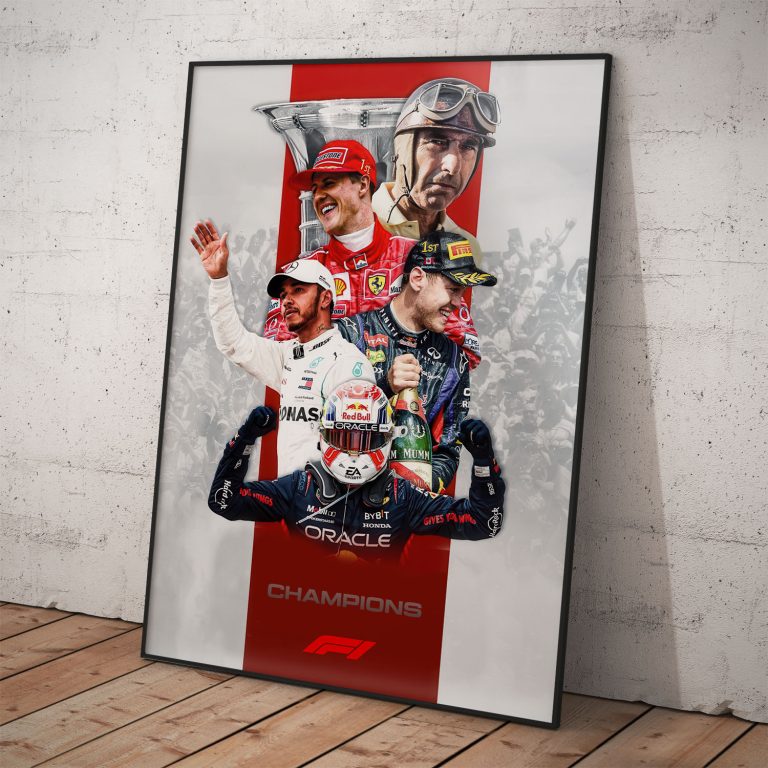 Plagát s legendárnymi F1 jazdcami, Michael Schumacher, Juan Manuel Fangio, Lewis Hamilton, Sebastian Vettel