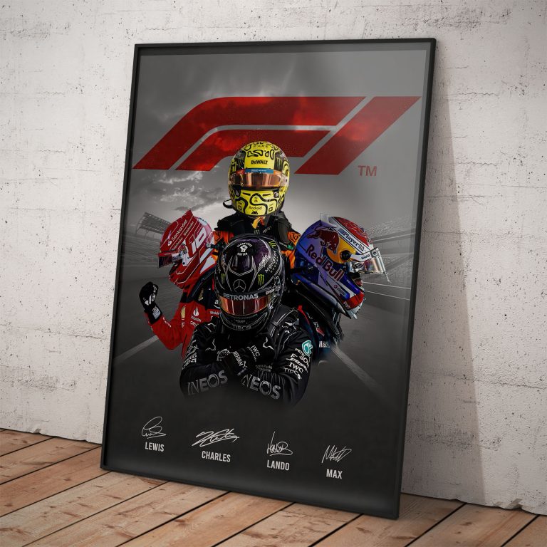 Plagát s jazdcami F1: Max, Lewis, Charles a Lando. Kvalitný papier s perleťovým efektom.