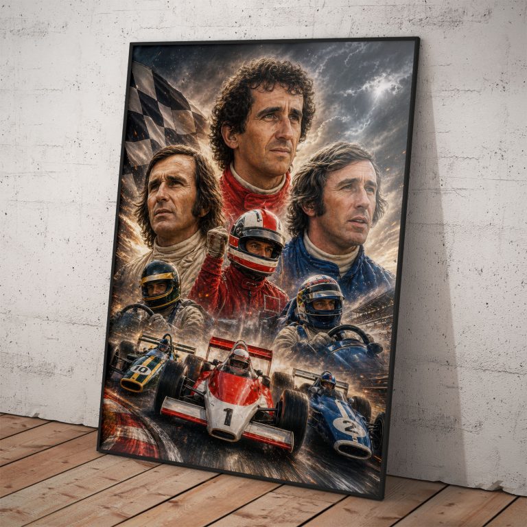 Poster s F1 legendami: Prost, Fittipaldi a Stewart na kvalitnom perleťovom papieri