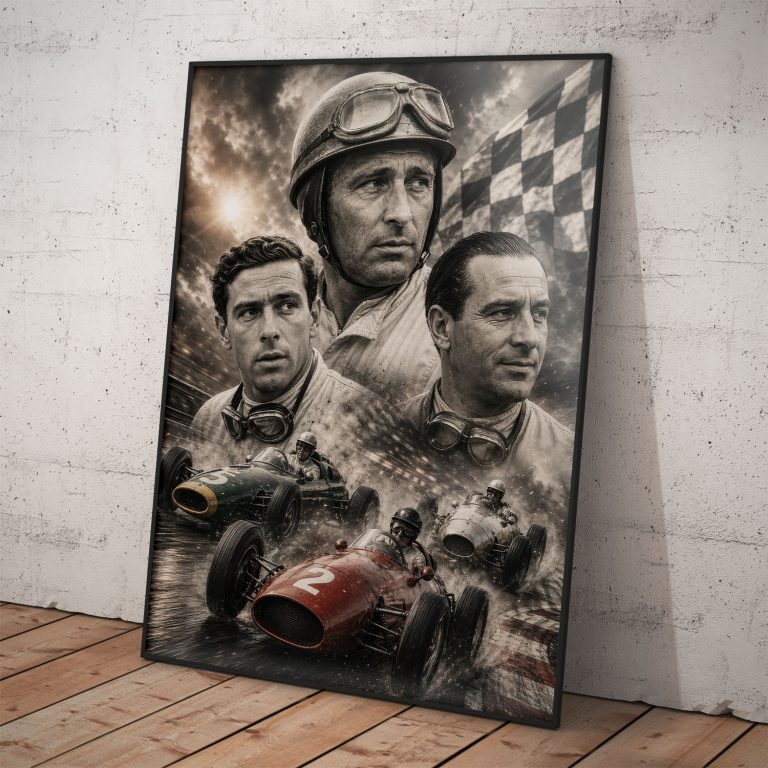 Plagát Legendy F1 s jazdcami: Juan Manuel Fangio, Jim Clark, Giuseppe Farina.