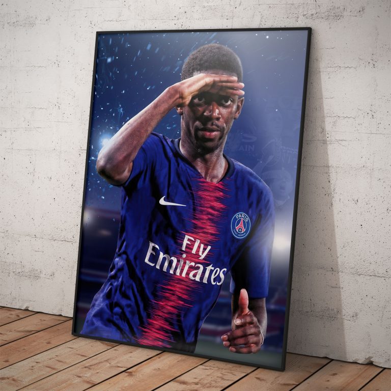 Poster v ráme - Ousmane Dembélé v PSG drese na kvalitnom pololesklom papieri pre zberateľa.