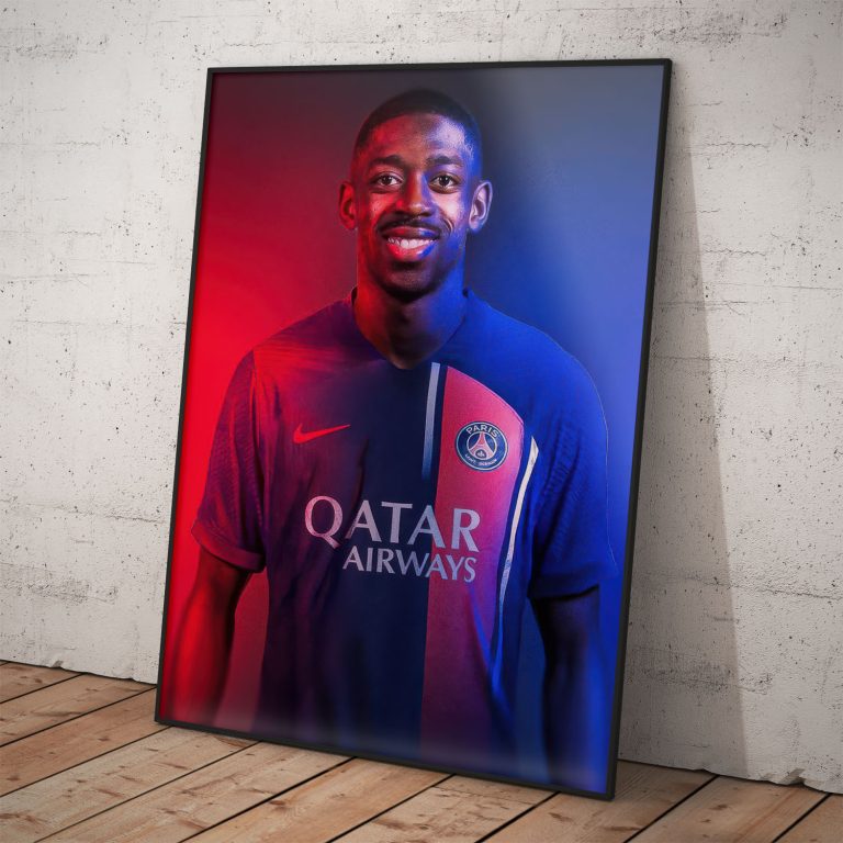 Umelecký plagát Ousmane Dembélé s kvalitnou pololesklou tlačou a voliteľným rámovaním.