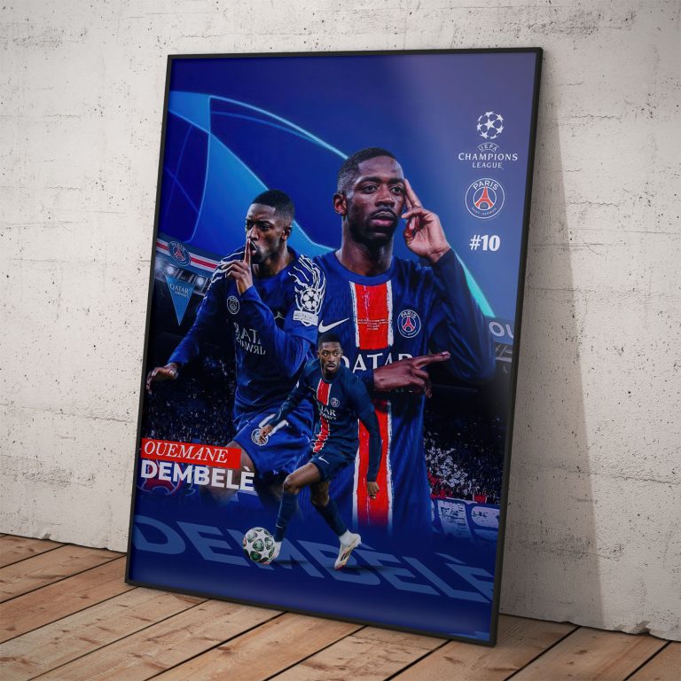Pamätntný poster Ousmane Dembélé s kvalitnou pololesklou tlačou a voliteľným rámovaním.