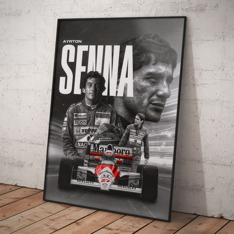 Plagát Ayrton Senna s je monopostom McLaren v jemnom perleťovom efekte.