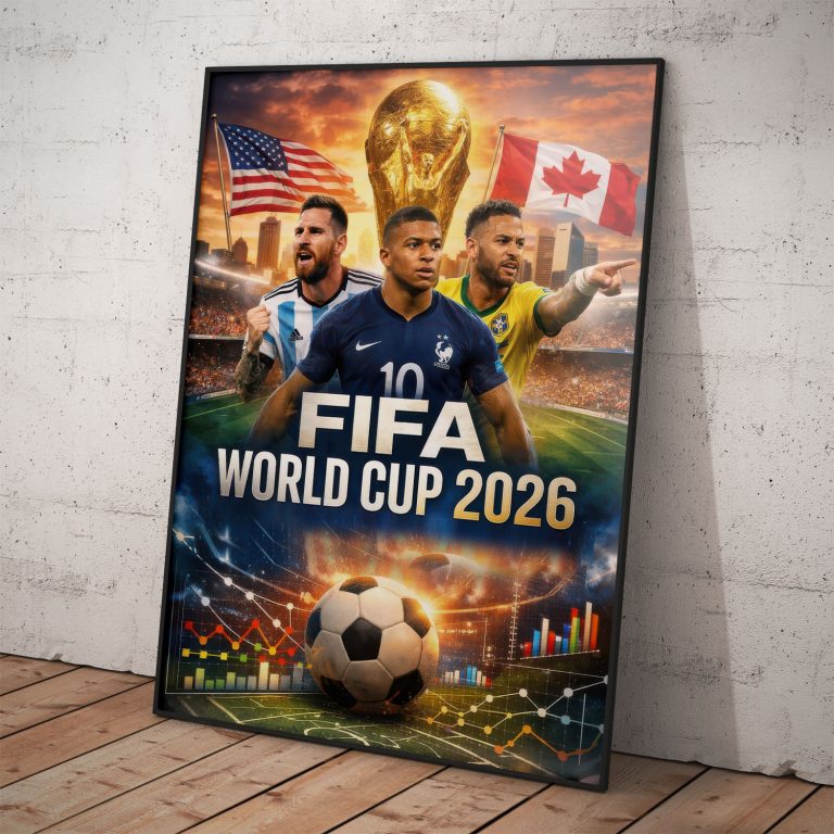 Plagát FIFA WORLD CUP 2026 s kvalitným perleťovým papierom a žiarivými farbami.