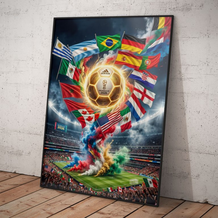 Plagát Majstrovstvá Sveta 2026 s motívom Kanada, Mexiko, USA.