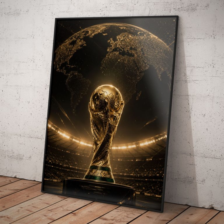 Plagát s trofejou FIFA World Cup na kvalitnom papieri s perleťovým efektom