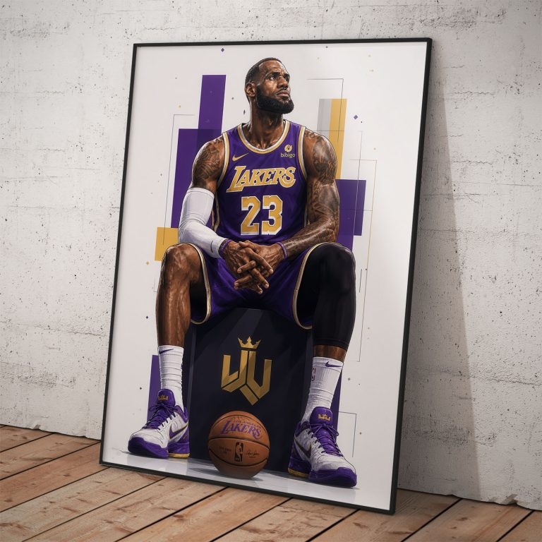 Umelecké stvárnenie LeBrona Jamesa v drese Lakers na podstavci s logom koruny
