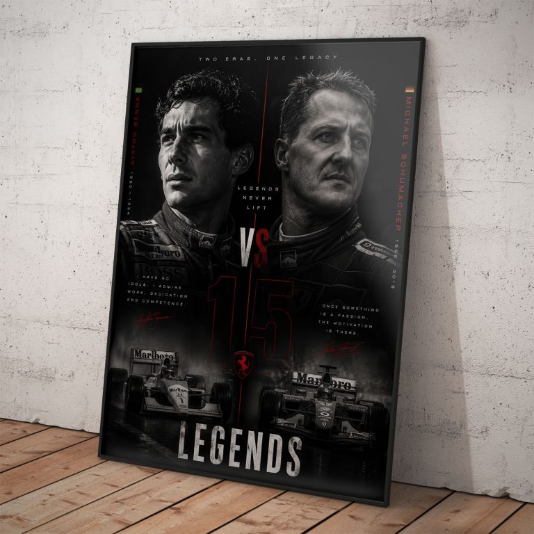 Poster Legendy F1 s nápisom LEGENDS, Senna a Schumacher