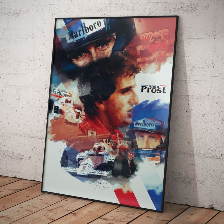 Umelecký spomienkový plagát Alain Prost s akvarelovou mozaikou portrétov, modrej prilby a pretekárskeho monopostu McLaren.