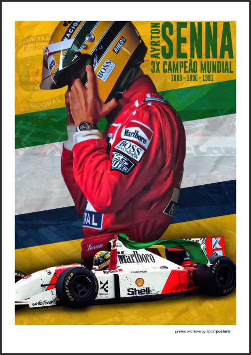 Poster Ayrton Senna - F1 - 31 | SportPoster.Sk Spomienkový plagát Ayrton Senna v žltej prilbe s brazílskou vlajkou, rokmis 3 CAMPEÃO MUNDIAL a monopostom McLaren.