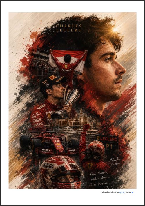 Umelecký maliarsky plagát Charles Leclerc s trofejou, monackou vlajkou a červeným monopostom Ferrari pri oslave víťazstva.