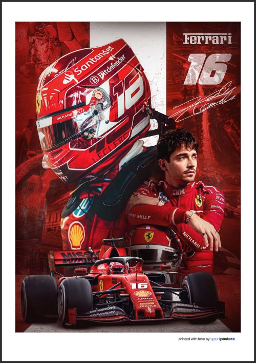 Dizajnový plagát Charles Leclerc s detailom červenej prilby #16, portrétom a monopostom Ferrari v modernej kompozícii.