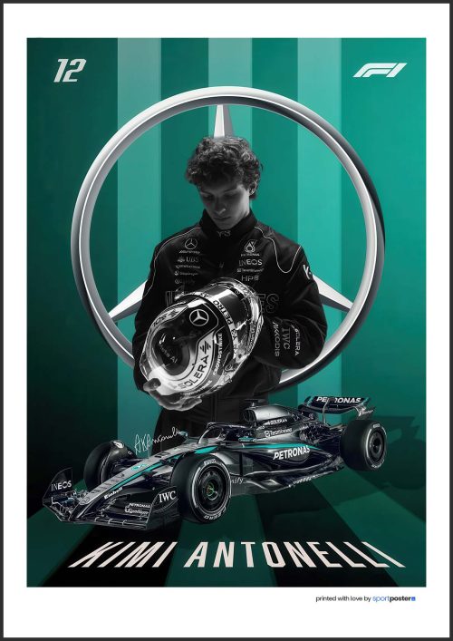 Plagát Kimi Antonelli s prilbou pred logom Mercedes-AMG, monopostom F1 a číslom 12 pre víťaznú sezónu 2026.