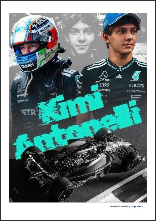 Plagát Kimi Antonelli - F1 - 19 | SportPoster.Sk Dravý plakát Kimi Antonelli s tyrkysovým nápisom, prilbou a monopostom Mercedes AMG F1 dominujúcim v sezóne 2026.