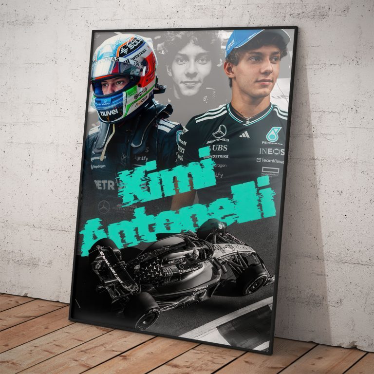 Dravý plakát Kimi Antonelli s tyrkysovým nápisom, prilbou a monopostom Mercedes AMG F1 dominujúcim v sezóne 2026.