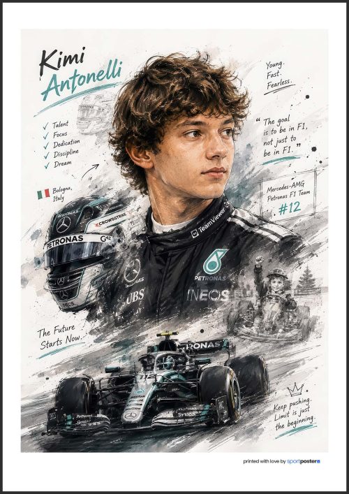 Umelecký akvarelový plagát Kimi Antonelli s portrétom, motokárovými začiatkami, prilbou a monopostom Mercedes-AMG F1 #12.