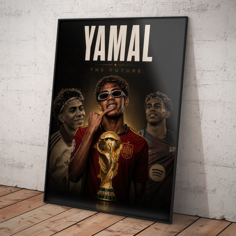 Futbalový plagát Lamine Yamal s trofejou majstra sveta z MS 2026 v prémiovéj kvalite.