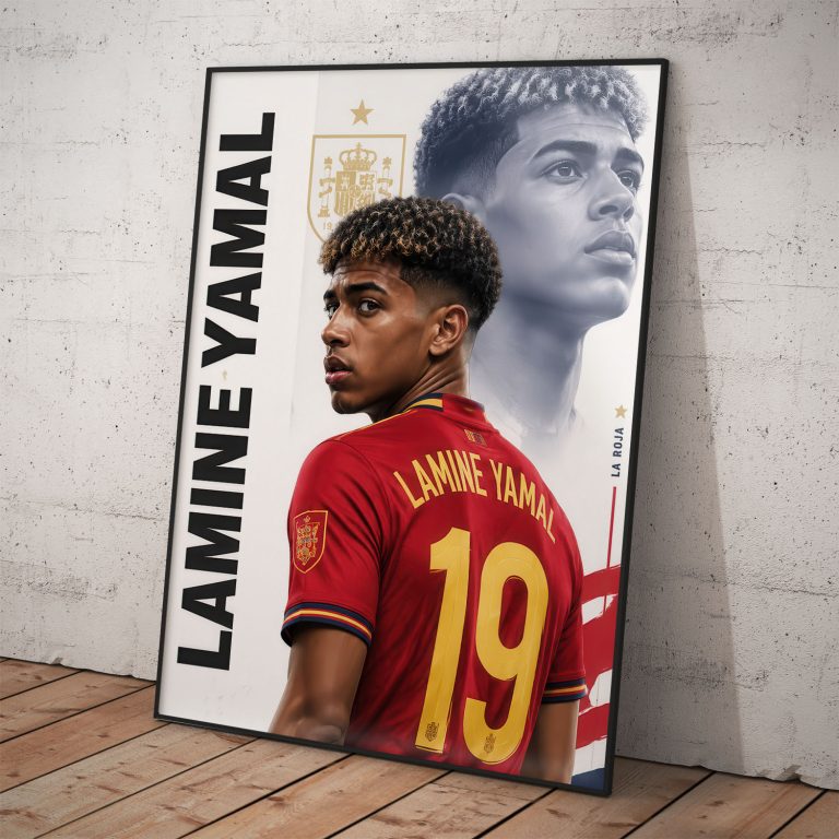 Futbalový plagát Lamine Yamal v červenom drese Španielska číslo 19