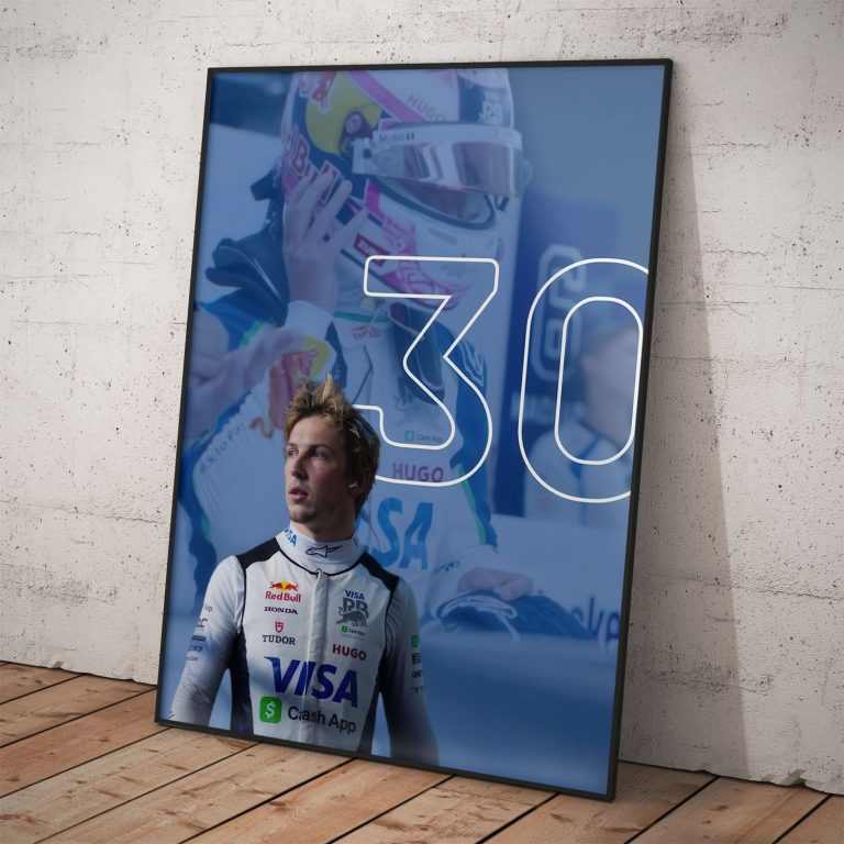 Umelecký plagát Liam Lawson so štartovým číslom 30 a záberom z garáže RB Formula One Team pre sezónu 2026.