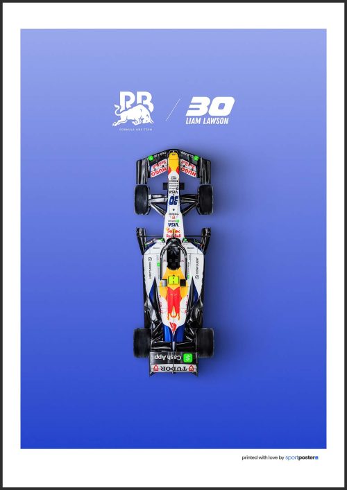 Minimalistický plagát monopostu F1 Liama Lawsona #30 z nadhľadu na modrom pozadí s logom RB Formula One Team pre sezónu 2026.