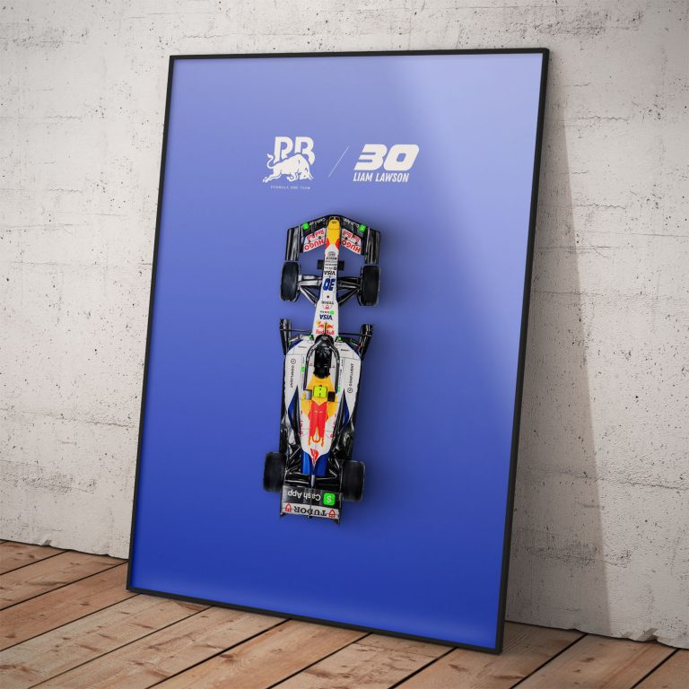 Minimalistický plagát monopostu F1 Liama Lawsona #30 z nadhľadu na modrom pozadí s logom RB Formula One Team pre sezónu 2026.