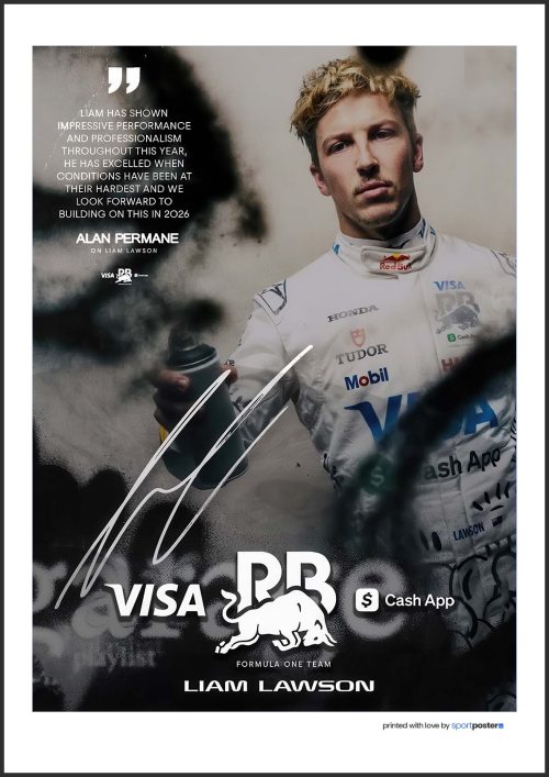 Umelecký plagát Liam Lawson so sprejom, podpisom a citátom Alana Permana v street-art štýle pre RB Formula One Team.