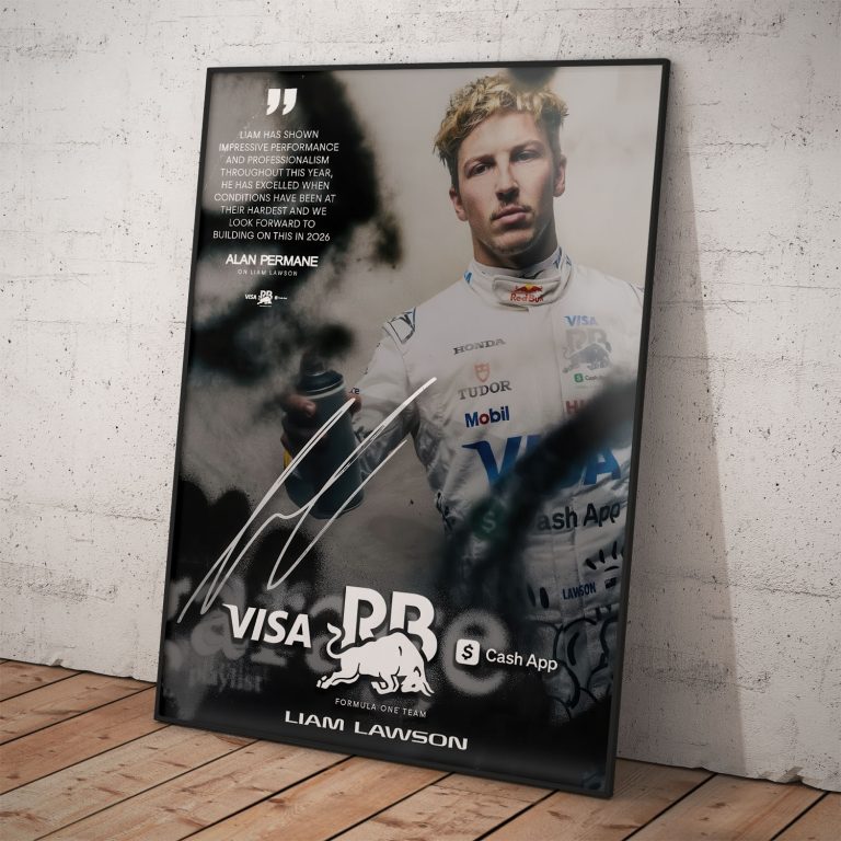 Umelecký plagát Liam Lawson so sprejom, podpisom a citátom Alana Permana v street-art štýle pre RB Formula One Team.