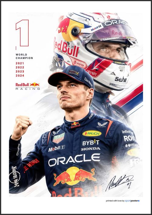 Šampiónsky plagát Max Verstappen v kombinéze Red Bull so zatatou päsťou, helmou a rokmis titulov 2021, 2022, 2023 a 2024.
