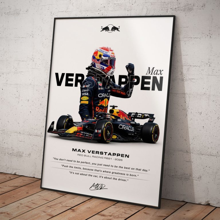 Motivačný plagát Max Verstappen so zatatou päsťou nad monopostom Red Bull Racing a tromi inšpiratívnymi citátmi na bielom pozadí.