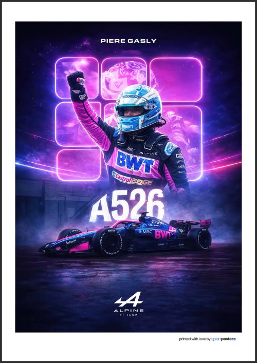 Futuristický neónový plagát Pierre Gasly s fialovým podsvietením, zdvihnutou rukou a monopostom Alpine A526 v dyme.