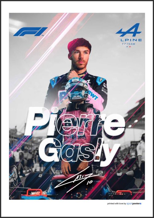 Svetlý dizajnový plagát Pierre Gasly s dvojitým portrétom, výrazným 3D menom, podpisom a svetelnými líniami Alpine F1.
