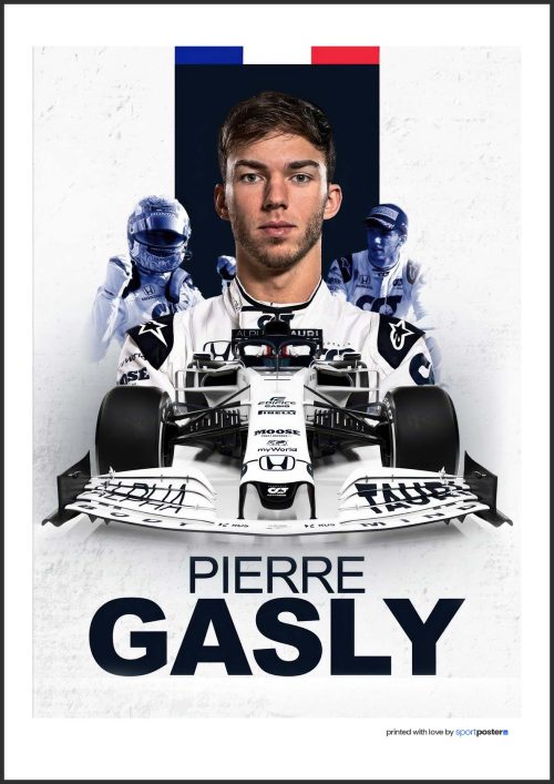 Tímový plagát Pierre Gasly s monopostom AlphaTauri, portrétom, gestom víťazstva a francúzskou trikolórou na pozadí.