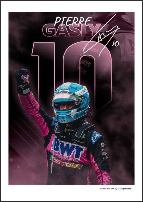 Umelecký plagát Pierre Gasly s tyrkysovou helmou, zdvihnutou päsťou, ružovým číslom 10 a podpisom na tmavom pozadí.