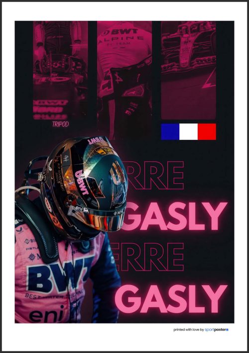 Umelecký kolážový plagát Pierre Gasly s detailom prilby, francúzskou vlajkou a ružovým neónovým nápisom Alpine F1.